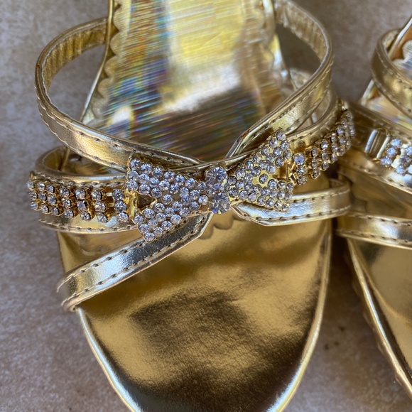 Delicacy Gold Strappy Rhinestone Embellished Bow Tie Open Toe Heels - Picture 7 of 13